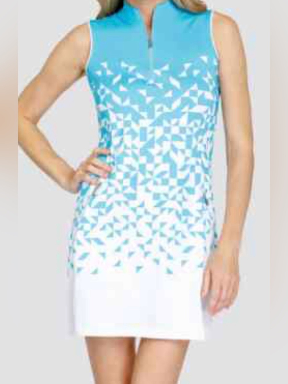 Acegolfs Women Sleeveless Aqua & White Mini Dress with Geometric Print Size S